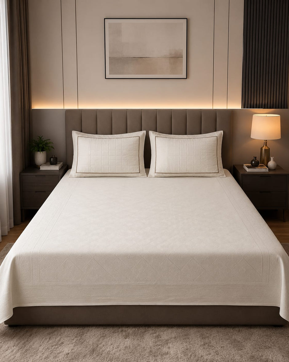 Embose - Ivory Taupe Regal Medallion Premium - 100%Cotton Bedsheet Set with Quilted Pillow Covers