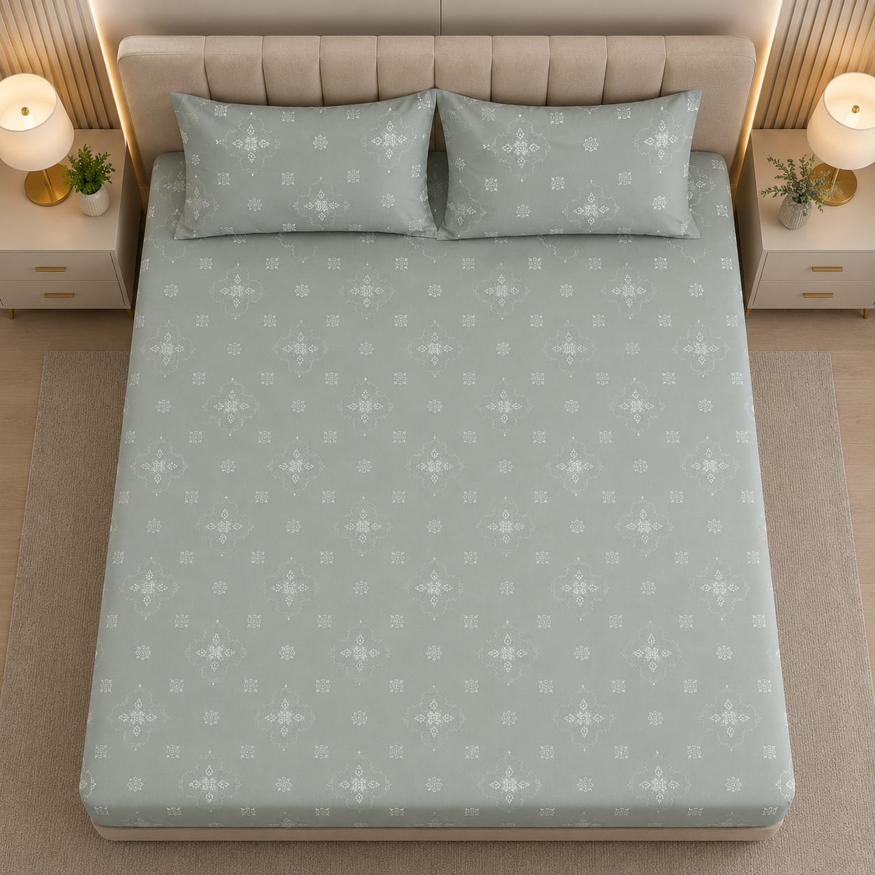 Glitter bedding - Sage Green Heritage Damask 100% Cotton Bedsheet Set Premium Floral Motif