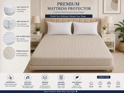 Casper Premium Quilted waterproof mattress protector - soft breathable fitted bed cover - ivory beige