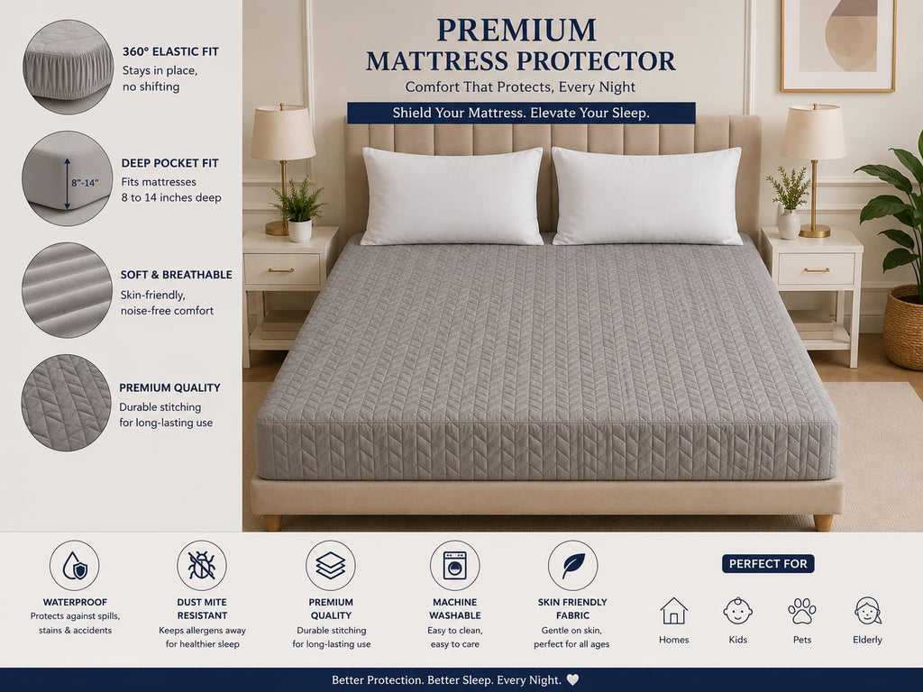 Casper Premium Quilted waterproof mattress protector - soft breathable fitted bed cover- Light Grey