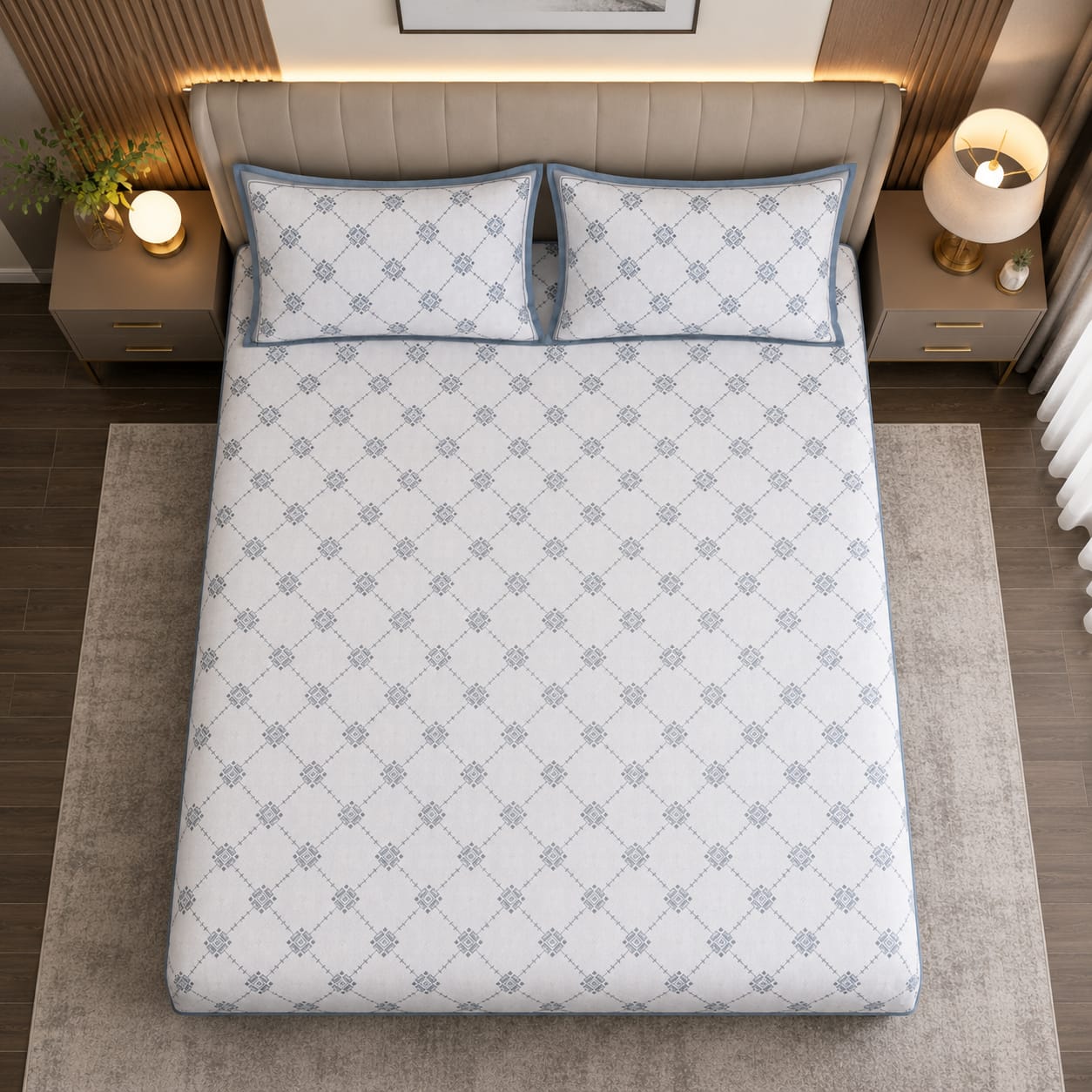Pixel art - Mist Blue Trellis Elegance 100% cotton bedsheet