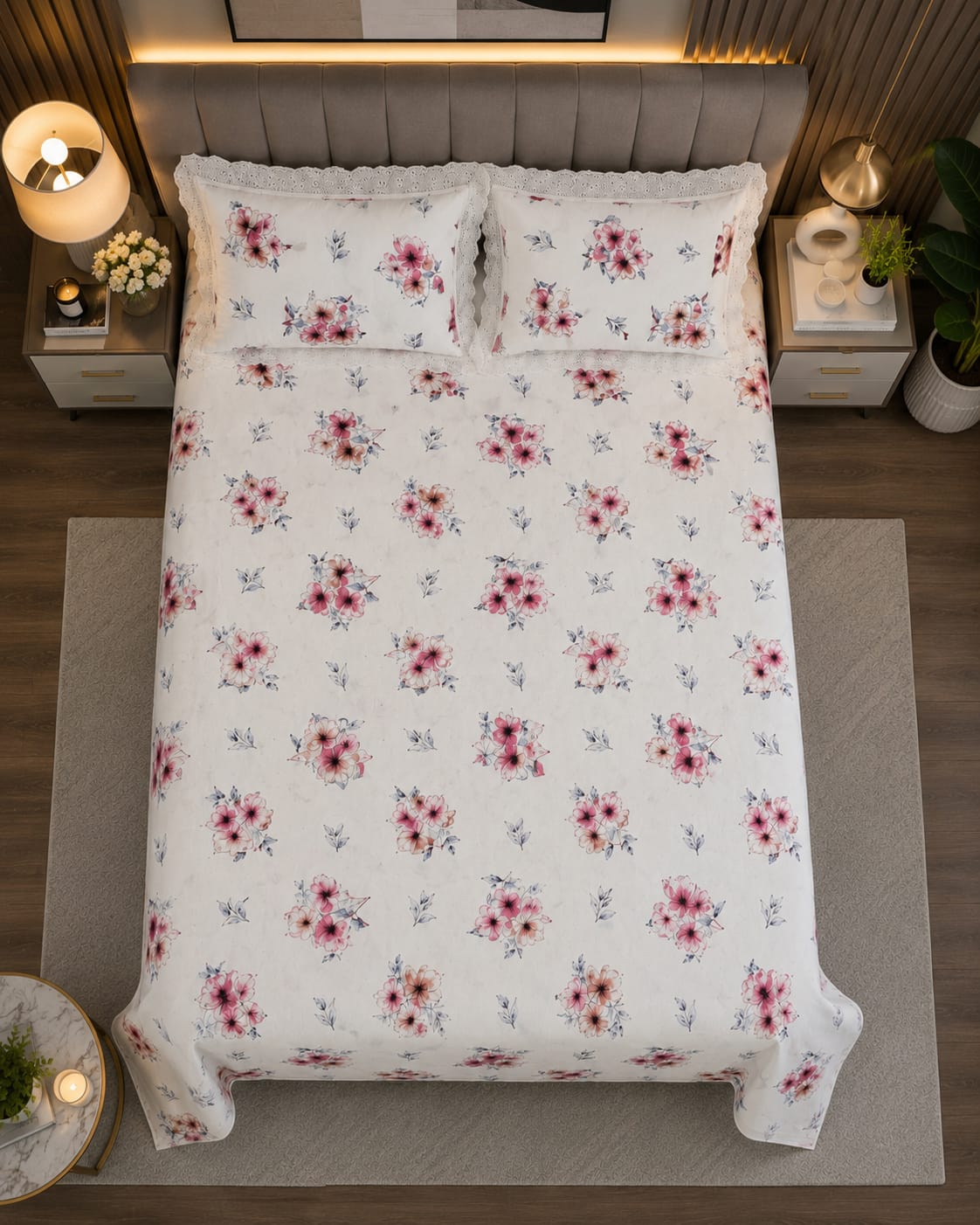 Snow white -Blush Bloom Floral 100% Cotton Bedsheet with Lace Pillow Covers – Ivory White