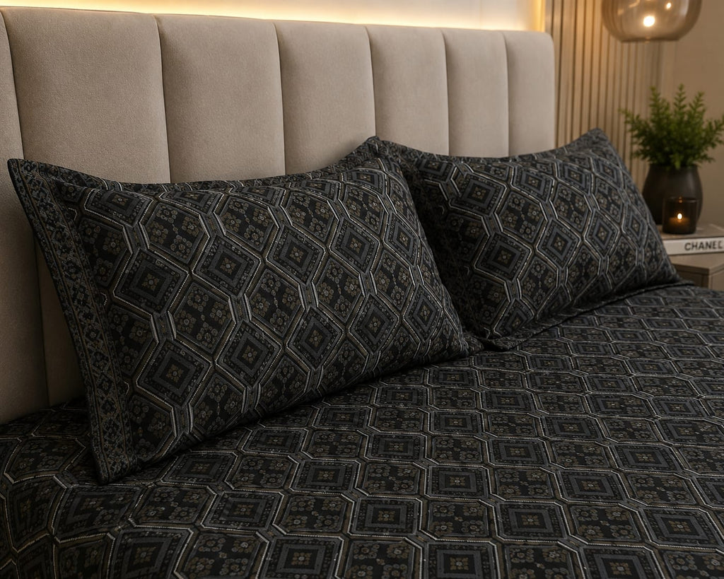 Dark and silk- Midnight Mosaic Luxe  Premium Bedsheet Set - 100%Cotton