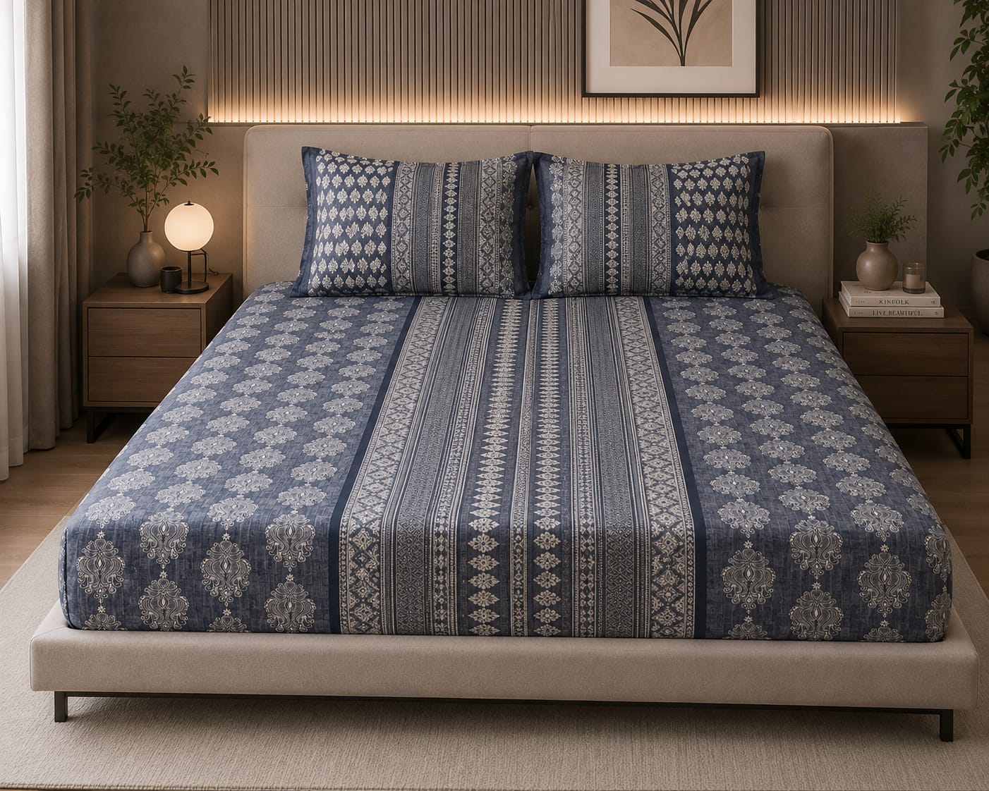French rose - Royal Indigo Ethnic Stripe Premium Flat Bedsheet with 2 Pillow Covers - 100% coton