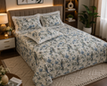 True block Bluebird Botanical 100% Cotton Bedsheet with Lace Pillow Covers- ivory white