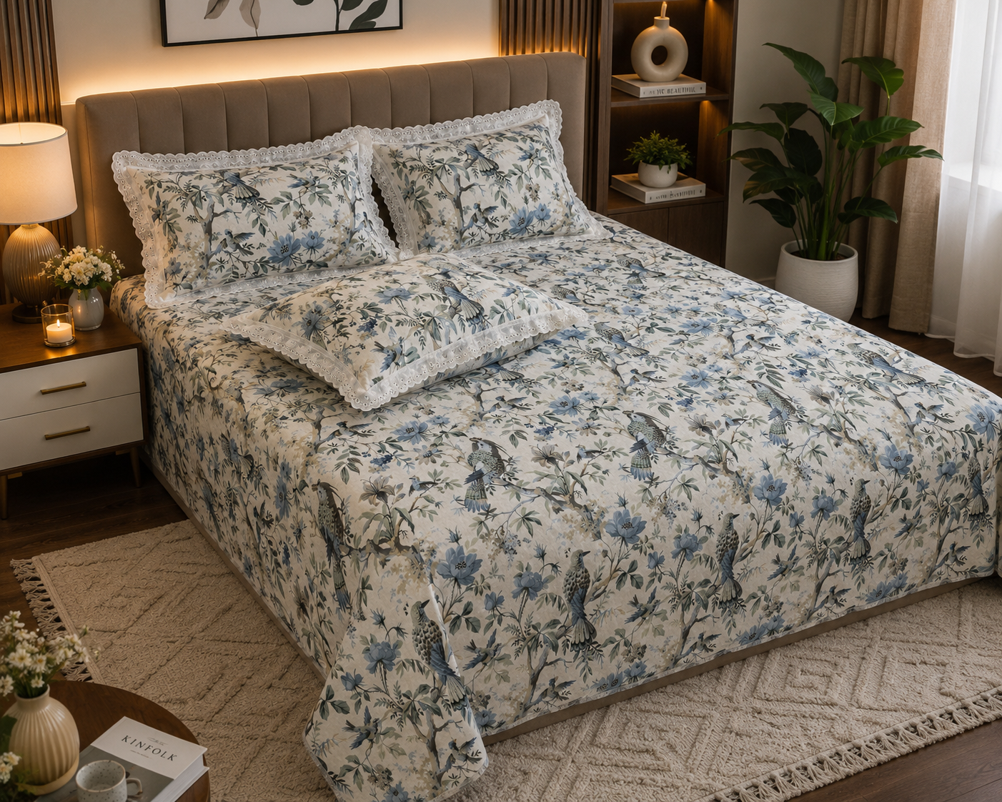 True block Bluebird Botanical 100% Cotton Bedsheet with Lace Pillow Covers- ivory white