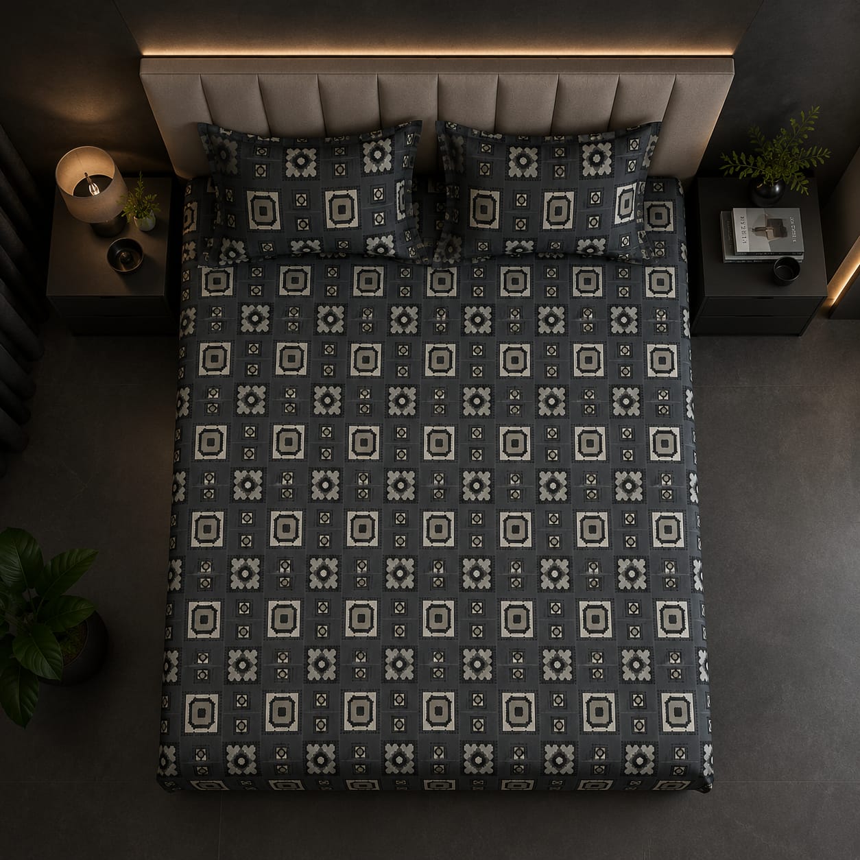 Dark and silk - Urban Noir Geometric Grid premium Flat Bedsheet With 2 Pillow Covers - 100%Cotton