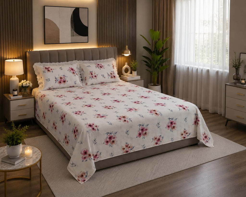 Snow white -Blush Bloom Floral 100% Cotton Bedsheet with Lace Pillow Covers – Ivory White