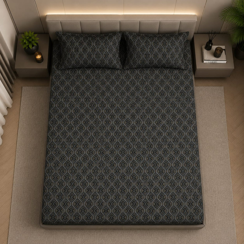 Dark and silk- Midnight Mosaic Luxe  Premium Bedsheet Set - 100%Cotton