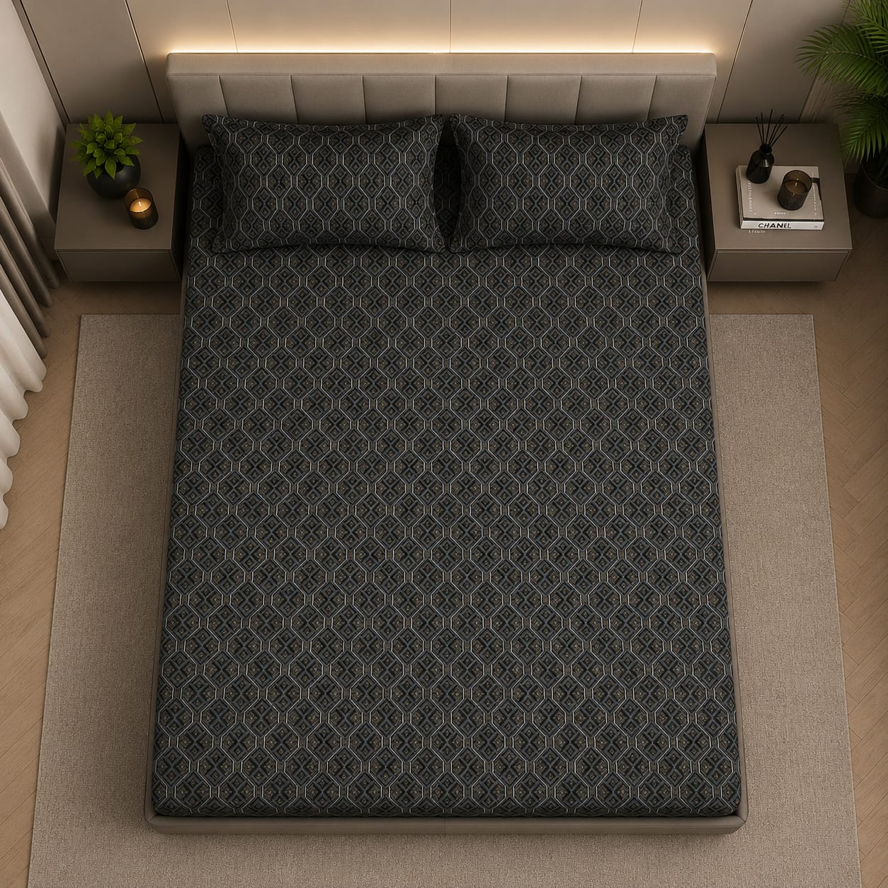 Dark and silk- Midnight Mosaic Luxe  Premium Bedsheet Set - 100%Cotton