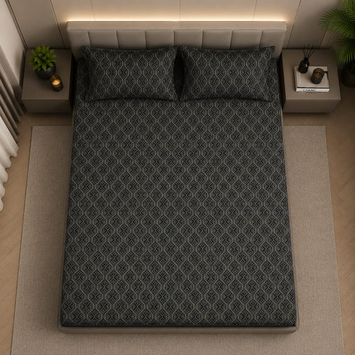 Dark and silk- Midnight Mosaic Luxe  Premium Bedsheet Set - 100%Cotton