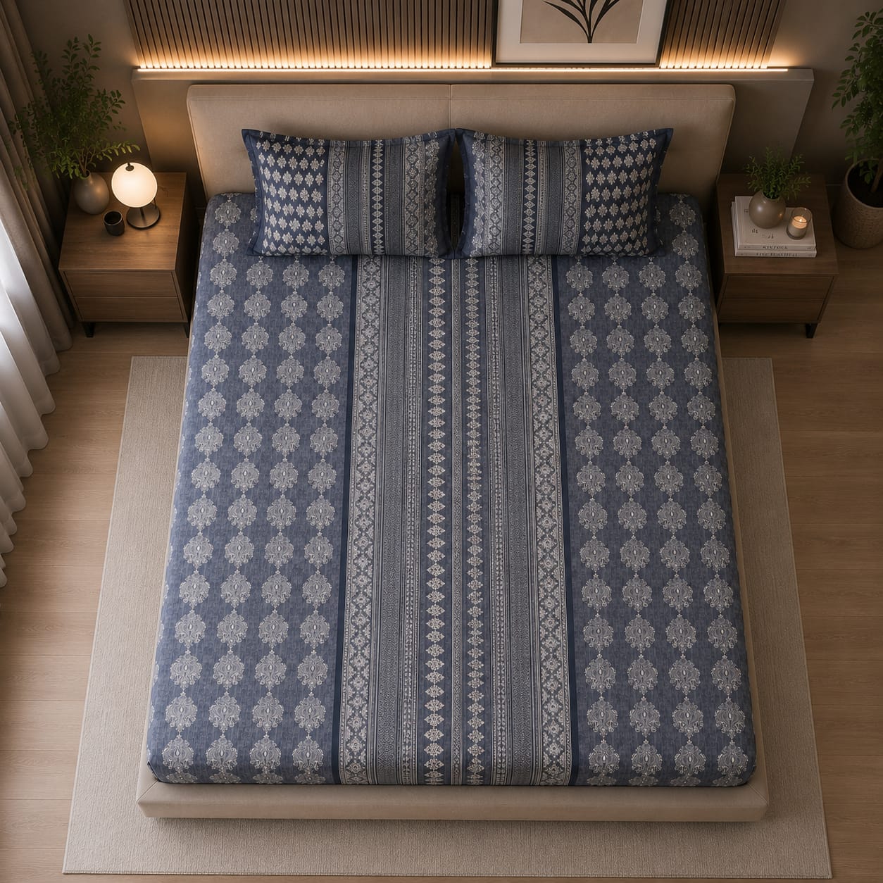 French rose - Royal Indigo Ethnic Stripe Premium Flat Bedsheet with 2 Pillow Covers - 100% coton