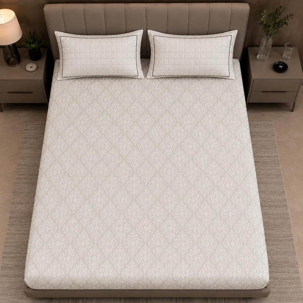 Embose - Ivory Taupe Regal Medallion Premium - 100%Cotton Bedsheet Set with Quilted Pillow Covers