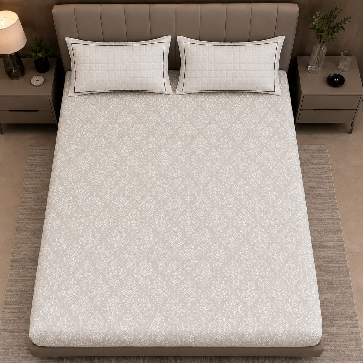 Embose - Ivory Taupe Regal Medallion Premium - 100%Cotton Bedsheet Set with Quilted Pillow Covers