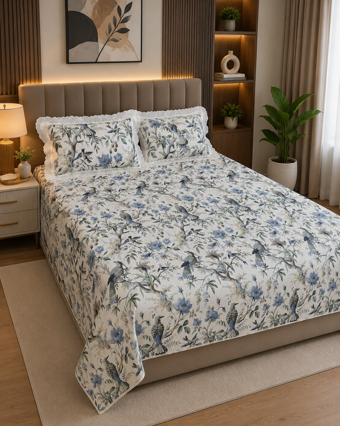 True block Bluebird Botanical 100% Cotton Bedsheet with Lace Pillow Covers- ivory white