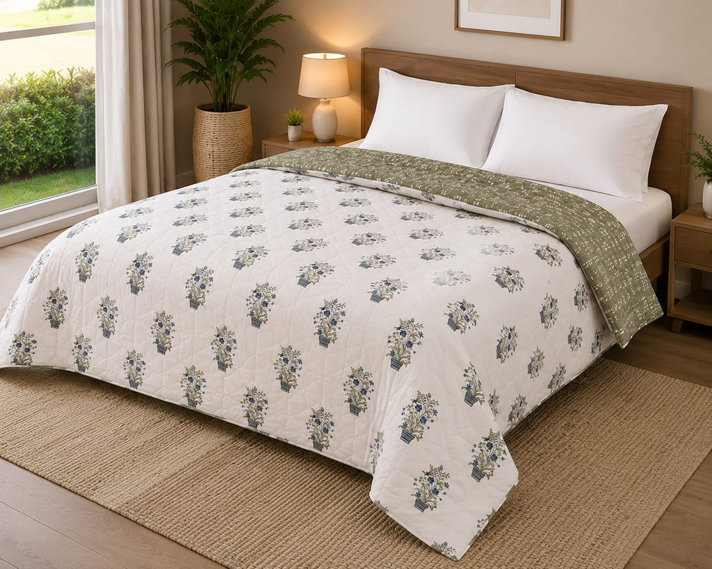 Ivory & Olive Floral Motifs Reversible Double Bed-100%Cotton AC Dohar