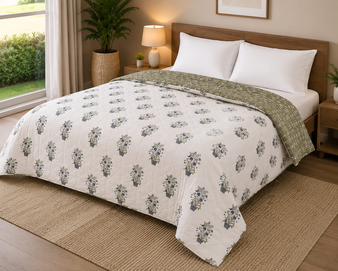 Ivory & Olive Floral Motifs Reversible Double Bed-100%Cotton AC Dohar