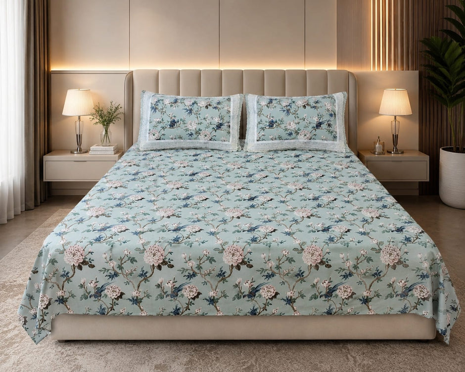 True block - Celestial Bloom Premium Bedsheet Set - 100% cotton with lace pillowcases