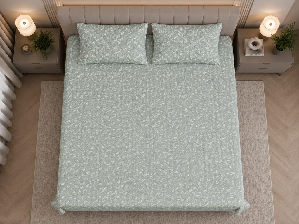 Rockstar - Sage Green Blossom Luxe Premium -100% Cotton bedsheet set with quilted pillow covers