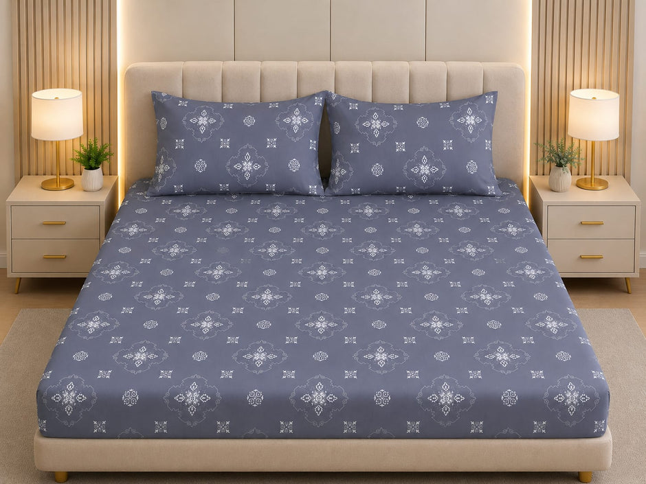 Glitter bedding - Slate blue Heritage Damask 100% Cotton Bedsheet Set Premium Floral Motif