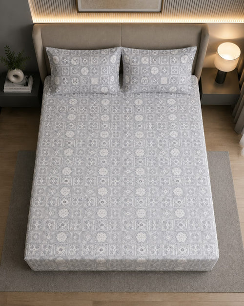 Chamatkar - ivory Mist Medallion glace cotton bedsheet