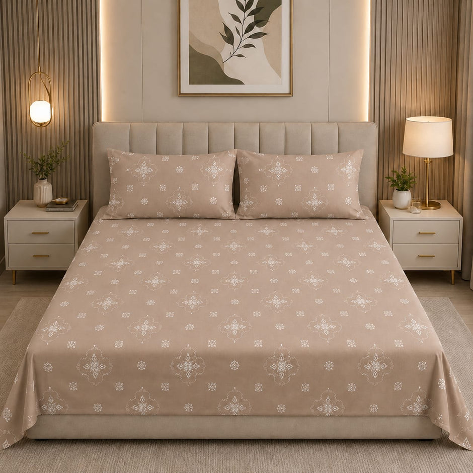 Glitter bedding - Royal Beige Heritage Damask 100% Cotton Bedsheet Set Premium Floral Motif