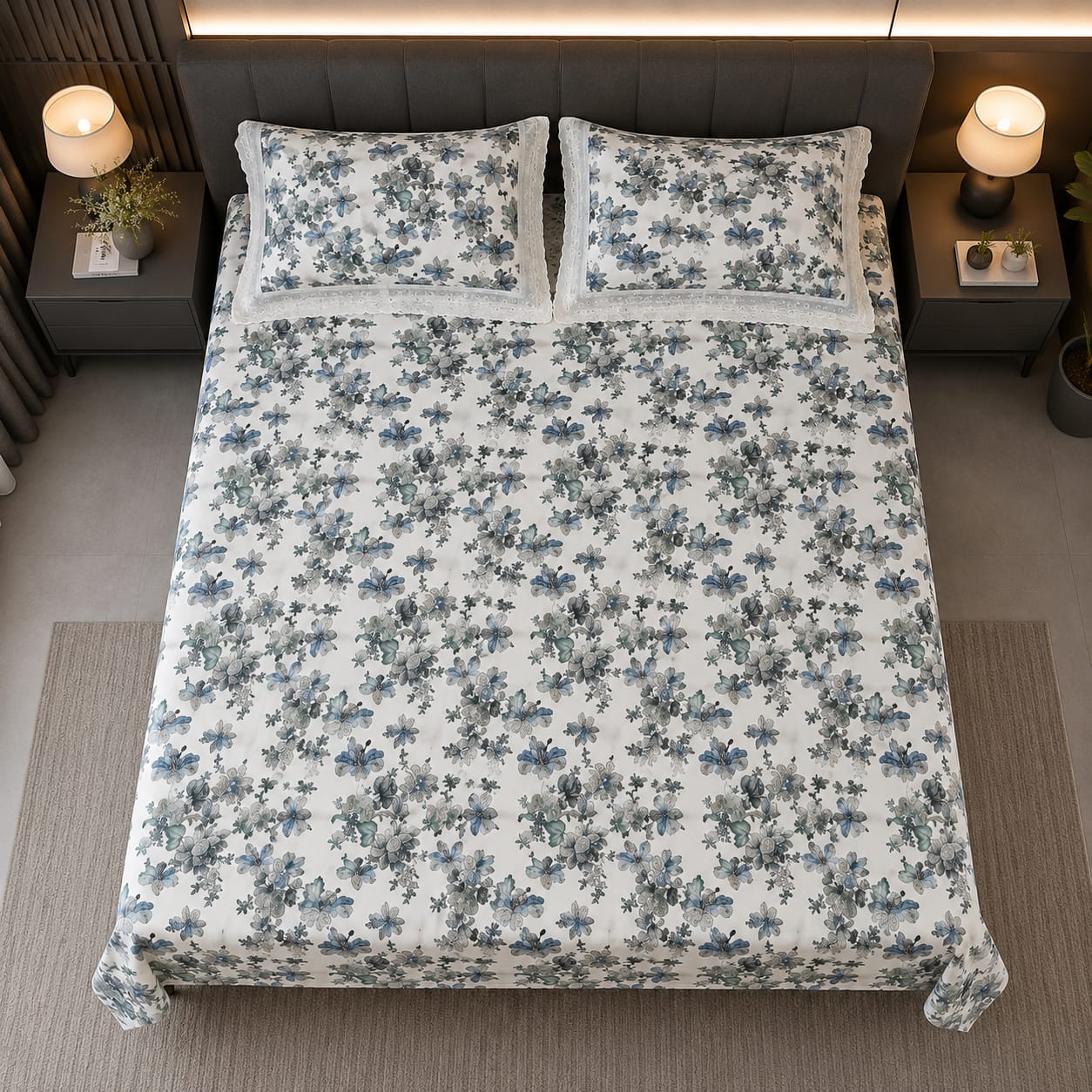 True block - Blue Orchid Royale Premium Flat Bedsheet - 100% cotton with Lace Pillowcases