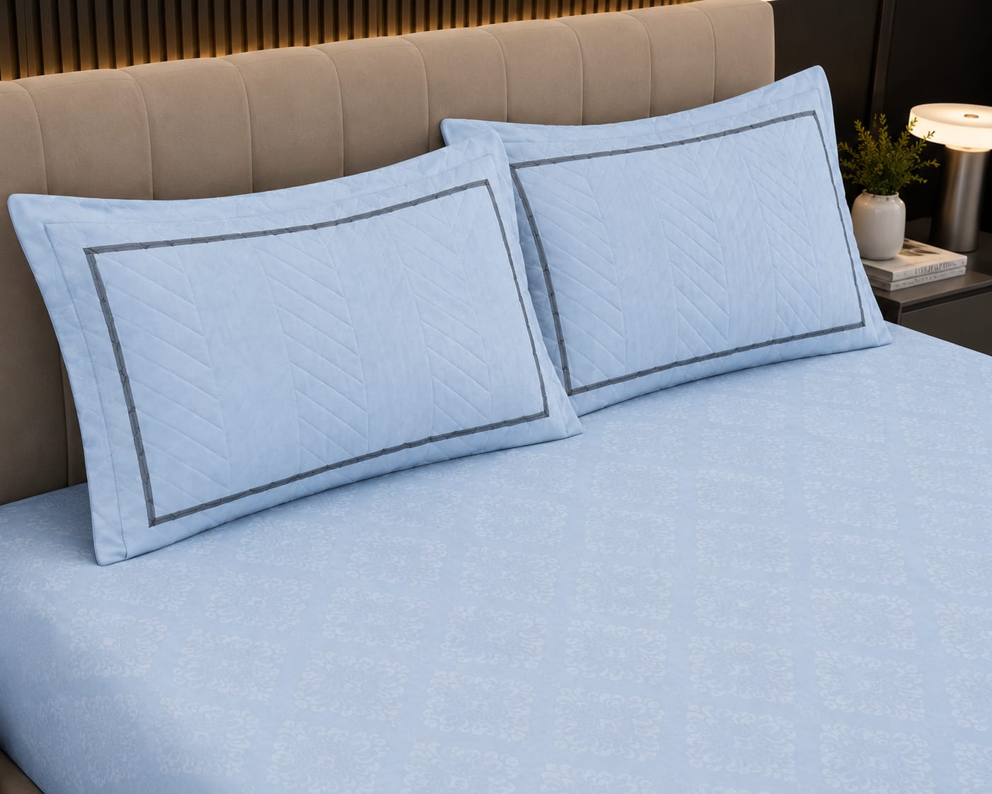 Embose -  Powder Blue Regal Damask Premium-100%Cotton Bedsheet Set with Quilted Pillow Covers