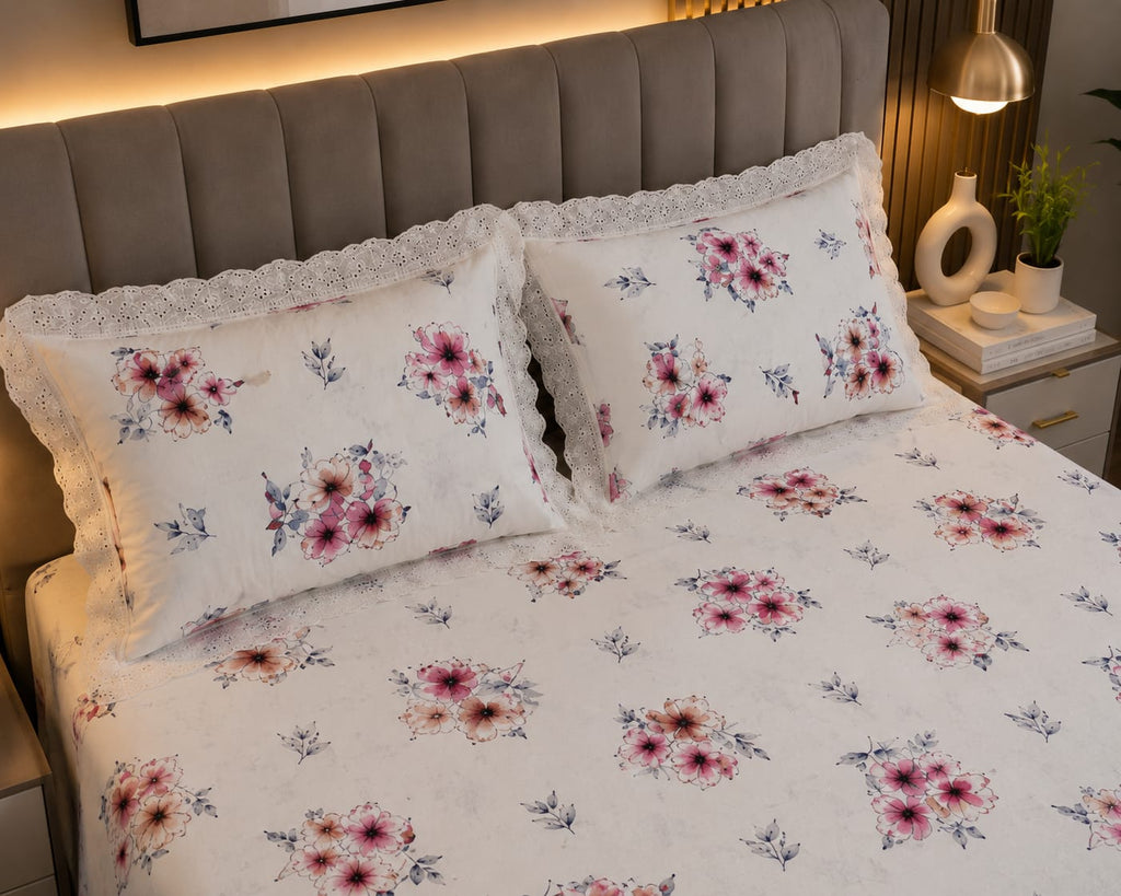 Snow white -Blush Bloom Floral 100% Cotton Bedsheet with Lace Pillow Covers – Ivory White