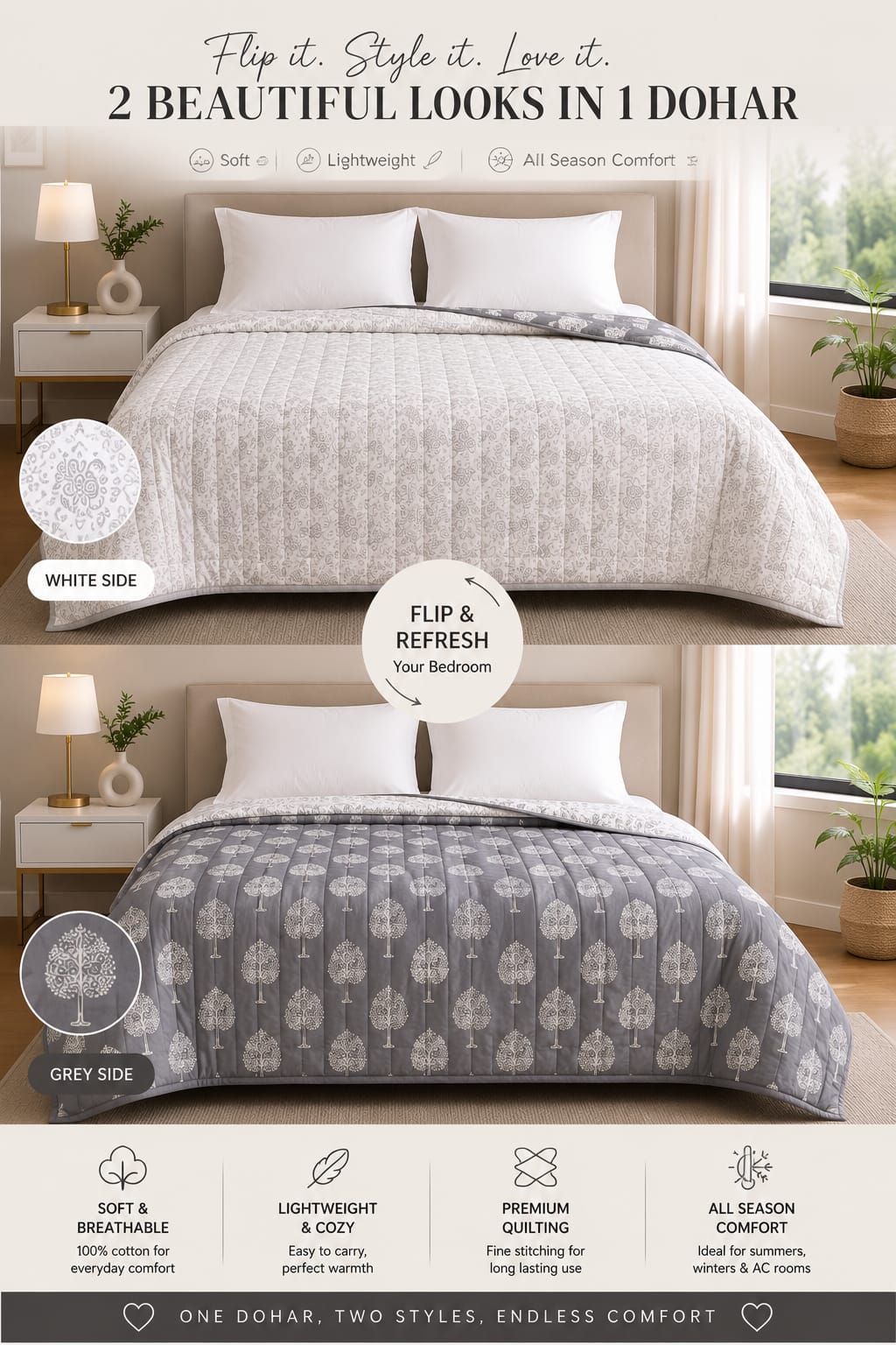 Nordic Tree Reversible Double Bed Dohar | Cotton Rich | All Season AC Quilt | Soft Quilted Grey & White Tree Print