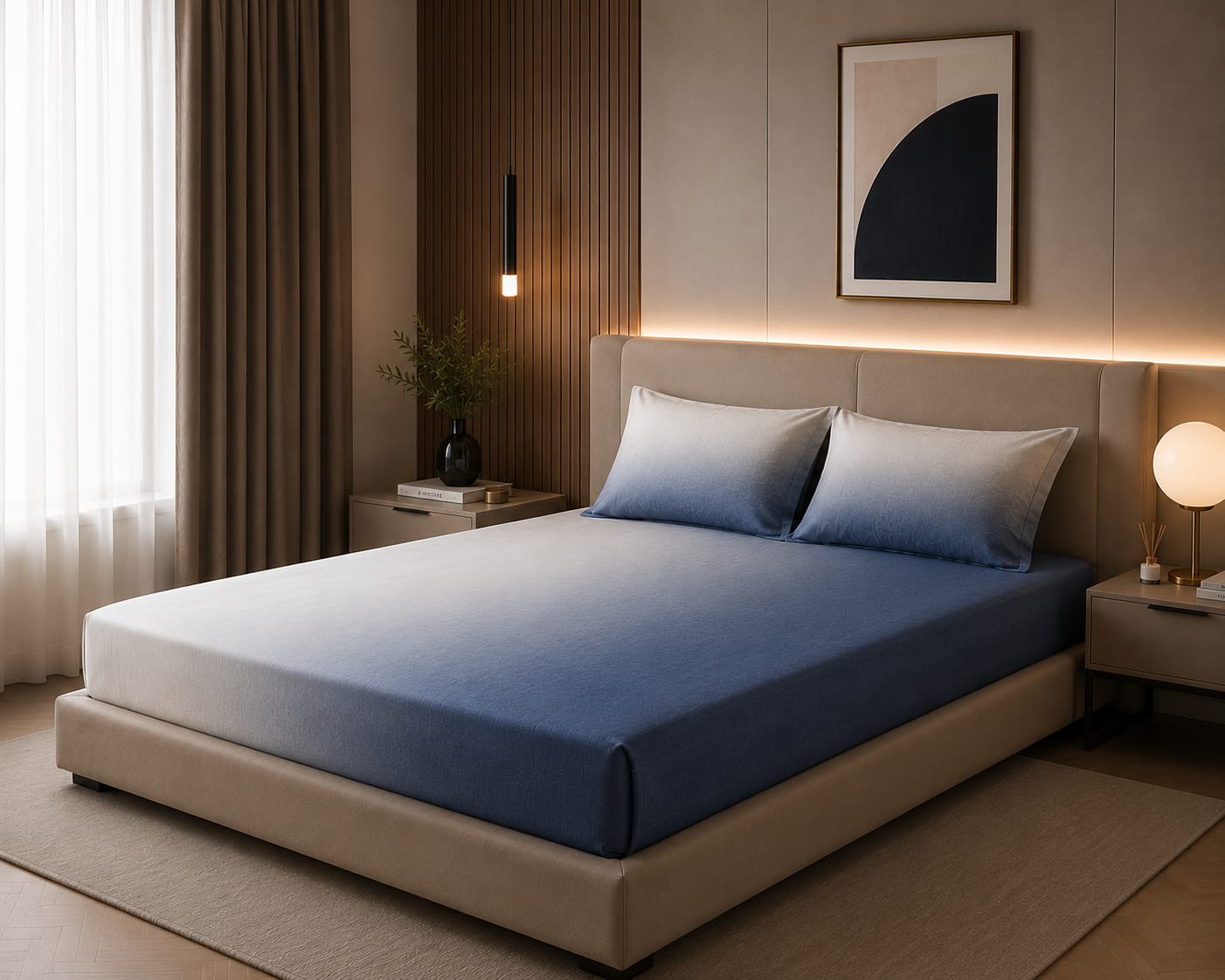 Ombrey blue - Celestial Blue Ombre Premium flat Bedsheet - 100% Cotton with 2 Pillowcases
