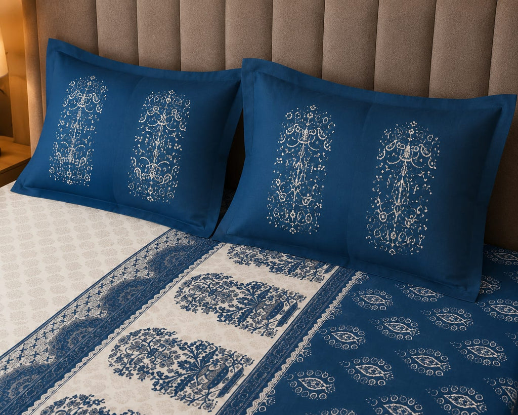 Dhurandhar Jaipur Heritage Indigo Paisley Border 100% Cotton Bedsheet – Ivory White & Royal Blue