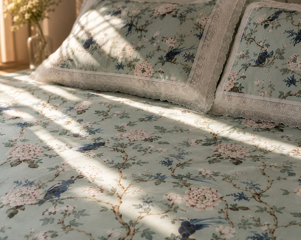 True block - Celestial Bloom Premium Bedsheet Set - 100% cotton with lace pillowcases