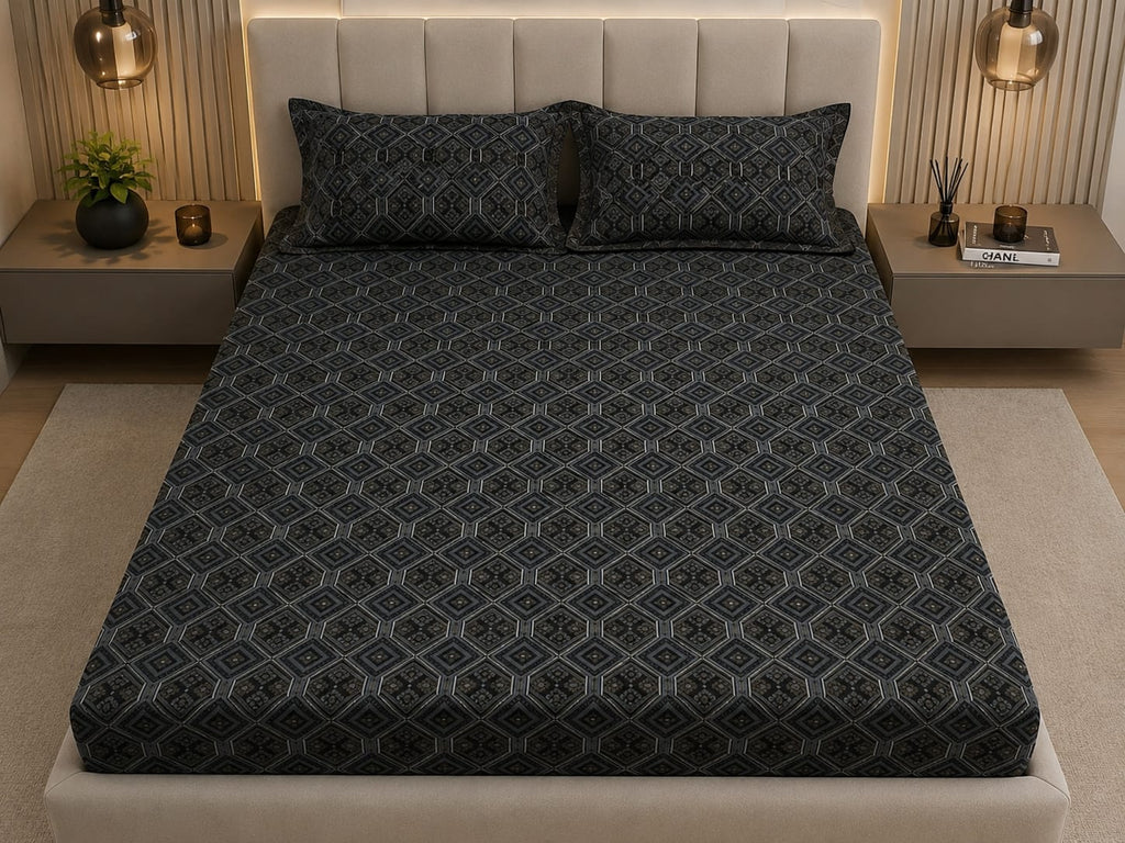 Dark and silk- Midnight Mosaic Luxe  Premium Bedsheet Set - 100%Cotton