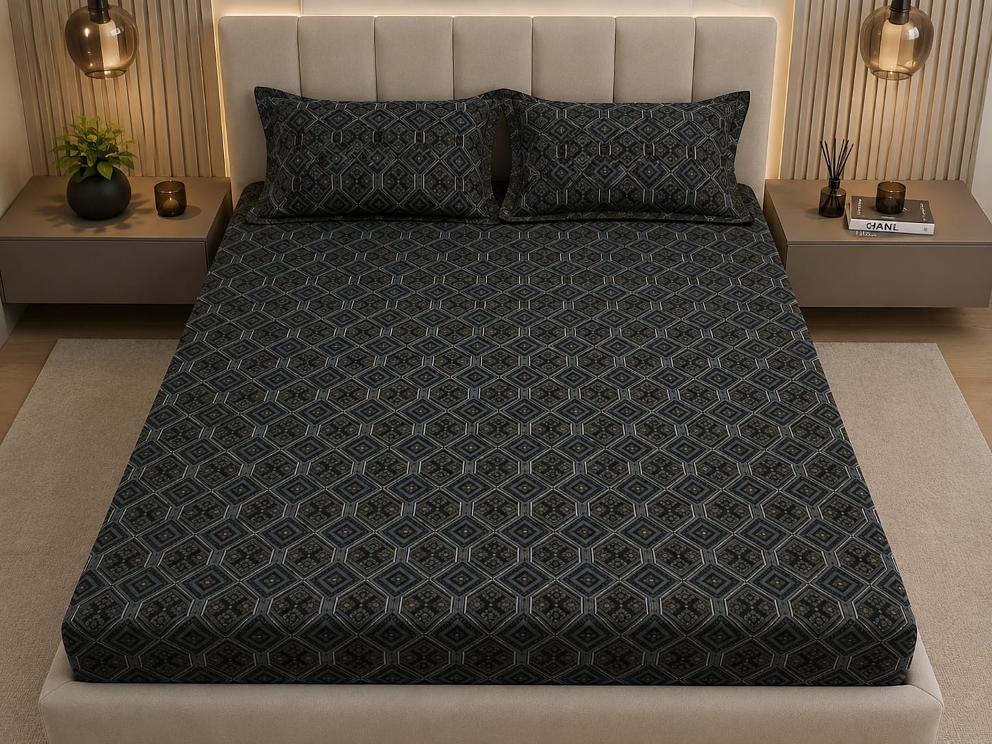 Dark and silk- Midnight Mosaic Luxe  Premium Bedsheet Set - 100%Cotton