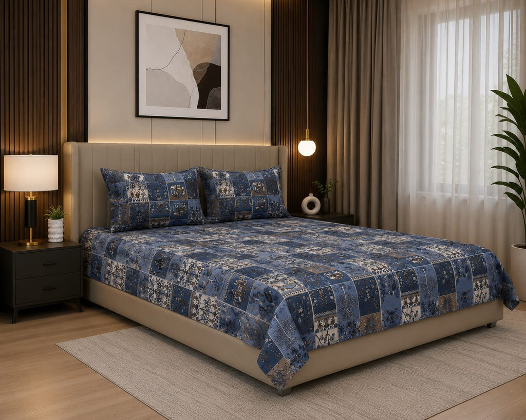 Oscar -Jaipur Heritage Indigo Patchwork Elephant Print 100% Cotton Bedsheet with 2 Pillow Covers