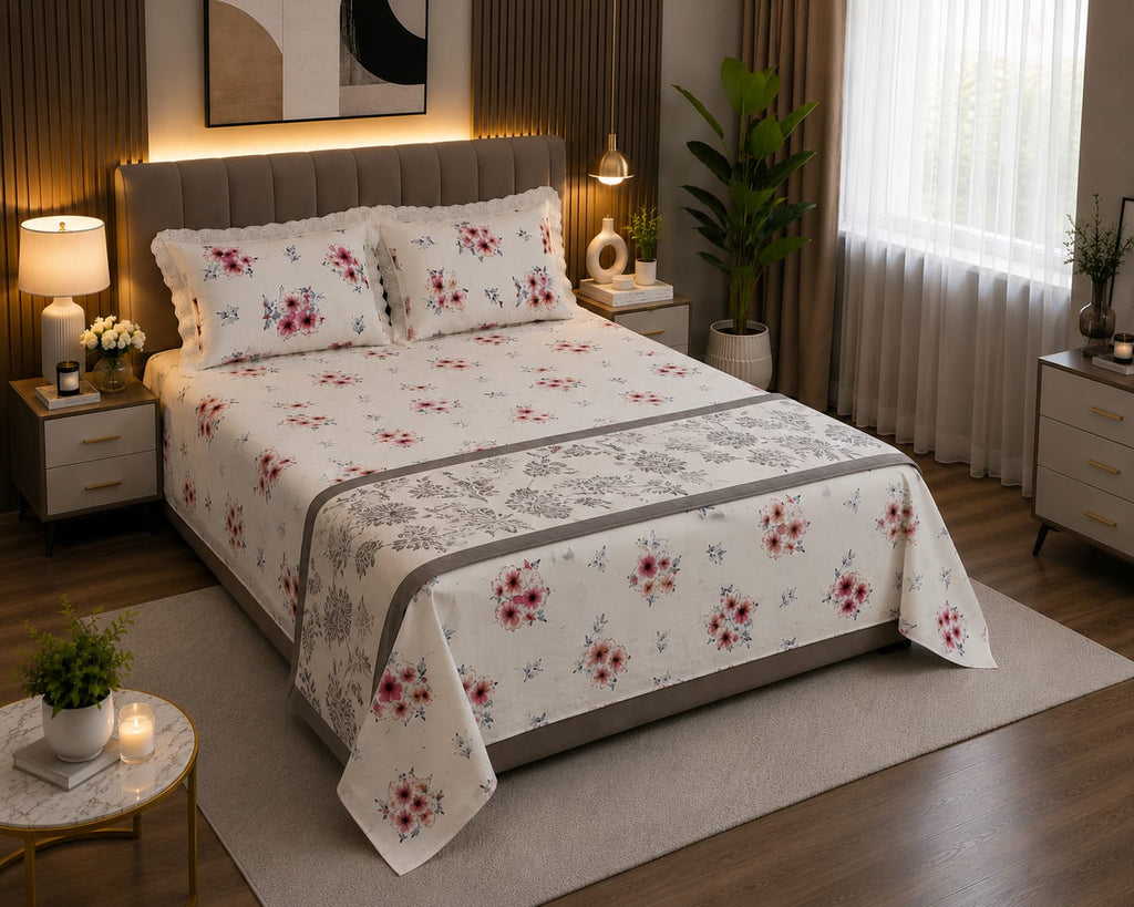 Snow white -Blush Bloom Floral 100% Cotton Bedsheet with Lace Pillow Covers – Ivory White