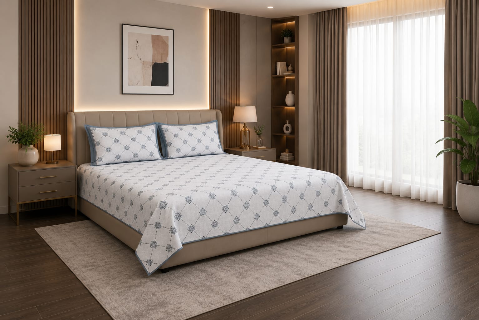 Pixel art - Mist Blue Trellis Elegance 100% cotton bedsheet
