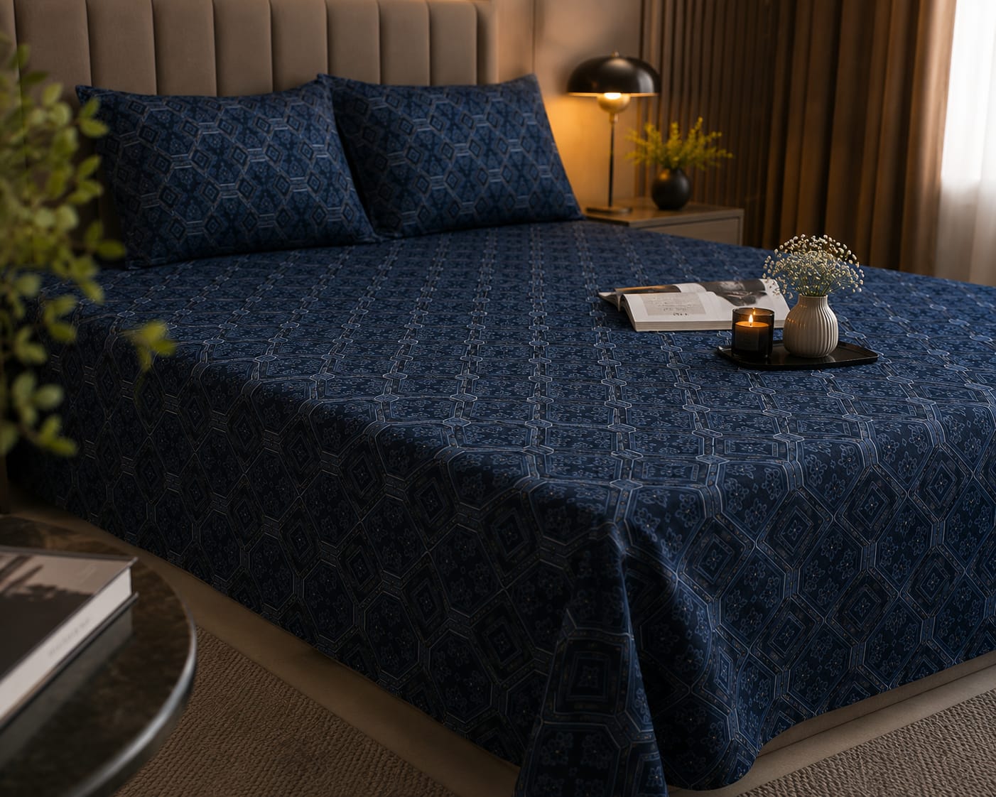 Dark and silk - Midnight Hexa Royale Premium Bedsheet Set -100% Cotton