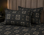 Dark and silk - Urban Noir Geometric Grid premium Flat Bedsheet With 2 Pillow Covers - 100%Cotton