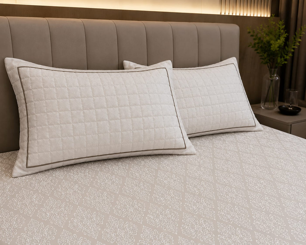 Embose - Ivory Taupe Regal Medallion Premium - 100%Cotton Bedsheet Set with Quilted Pillow Covers