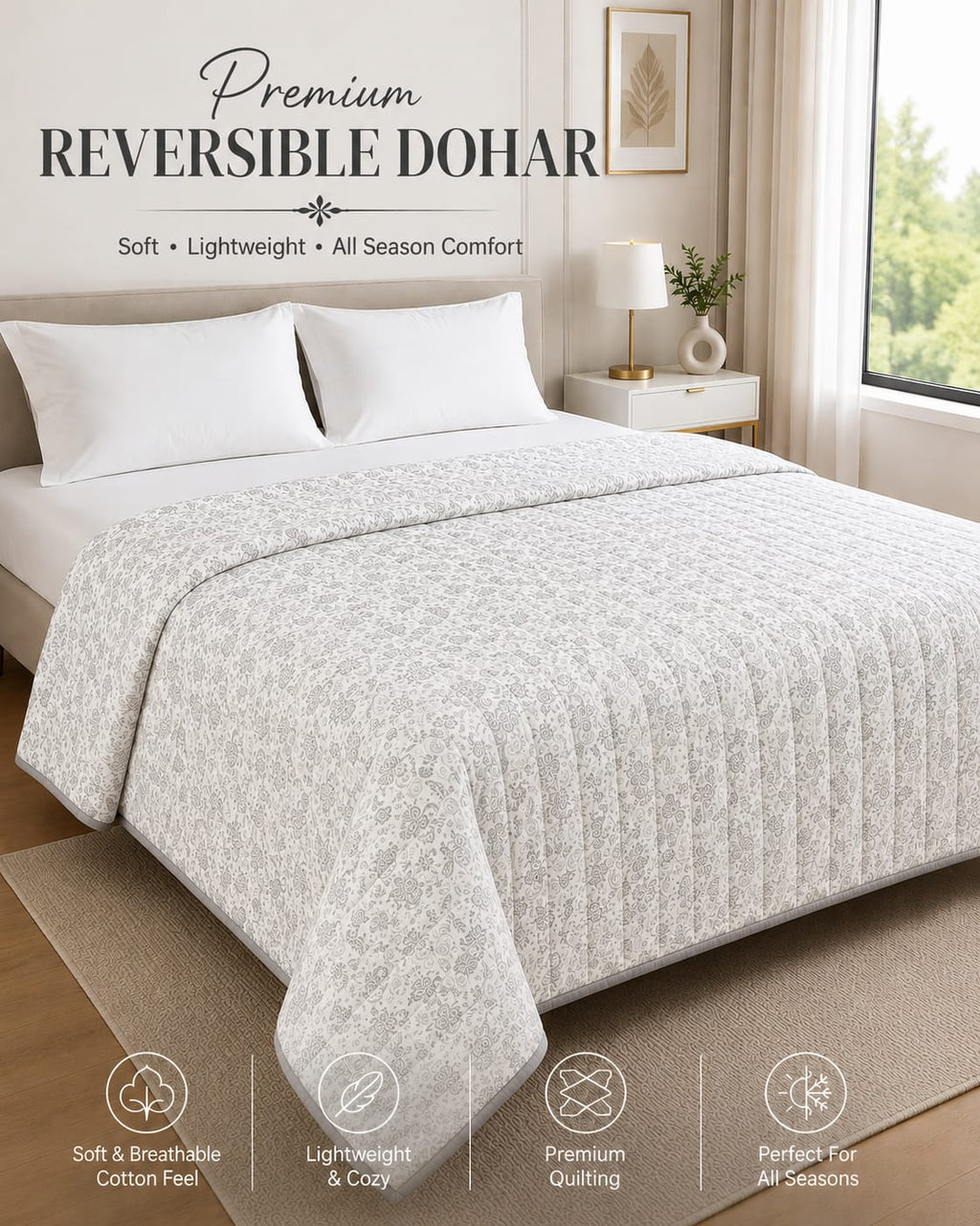 Nordic Tree Reversible Double Bed Dohar | Cotton Rich | All Season AC Quilt | Soft Quilted Grey & White Tree Print