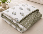 Ivory & Olive Floral Motifs Reversible Double Bed-100%Cotton AC Dohar