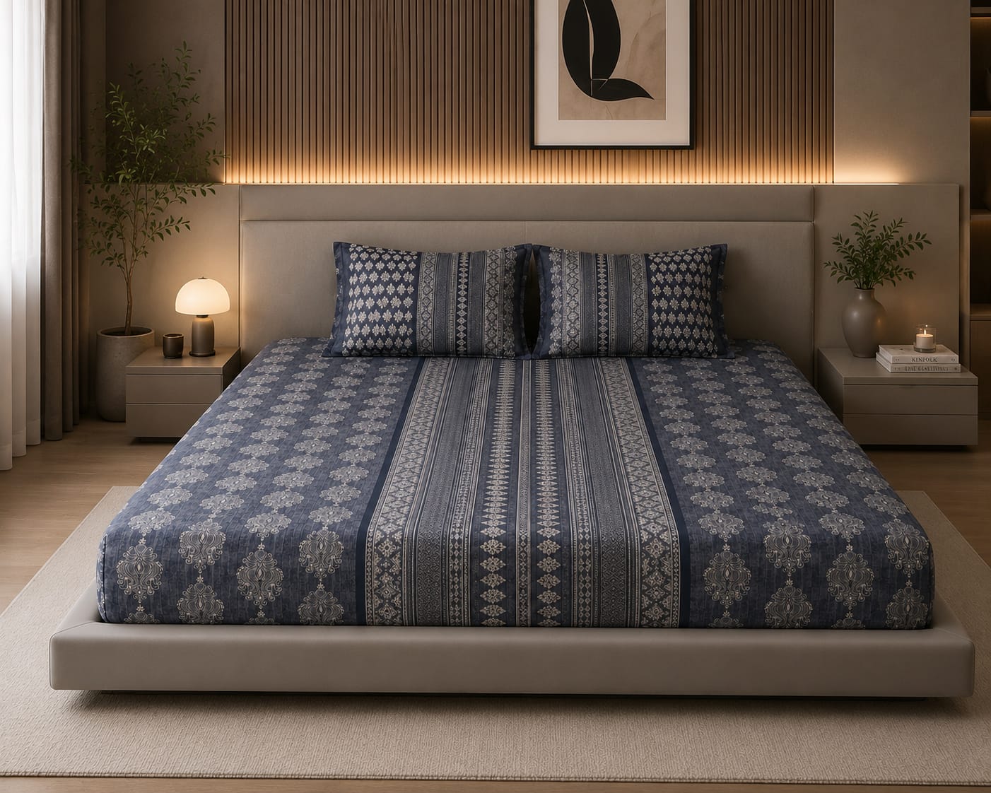French rose - Royal Indigo Ethnic Stripe Premium Flat Bedsheet with 2 Pillow Covers - 100% coton