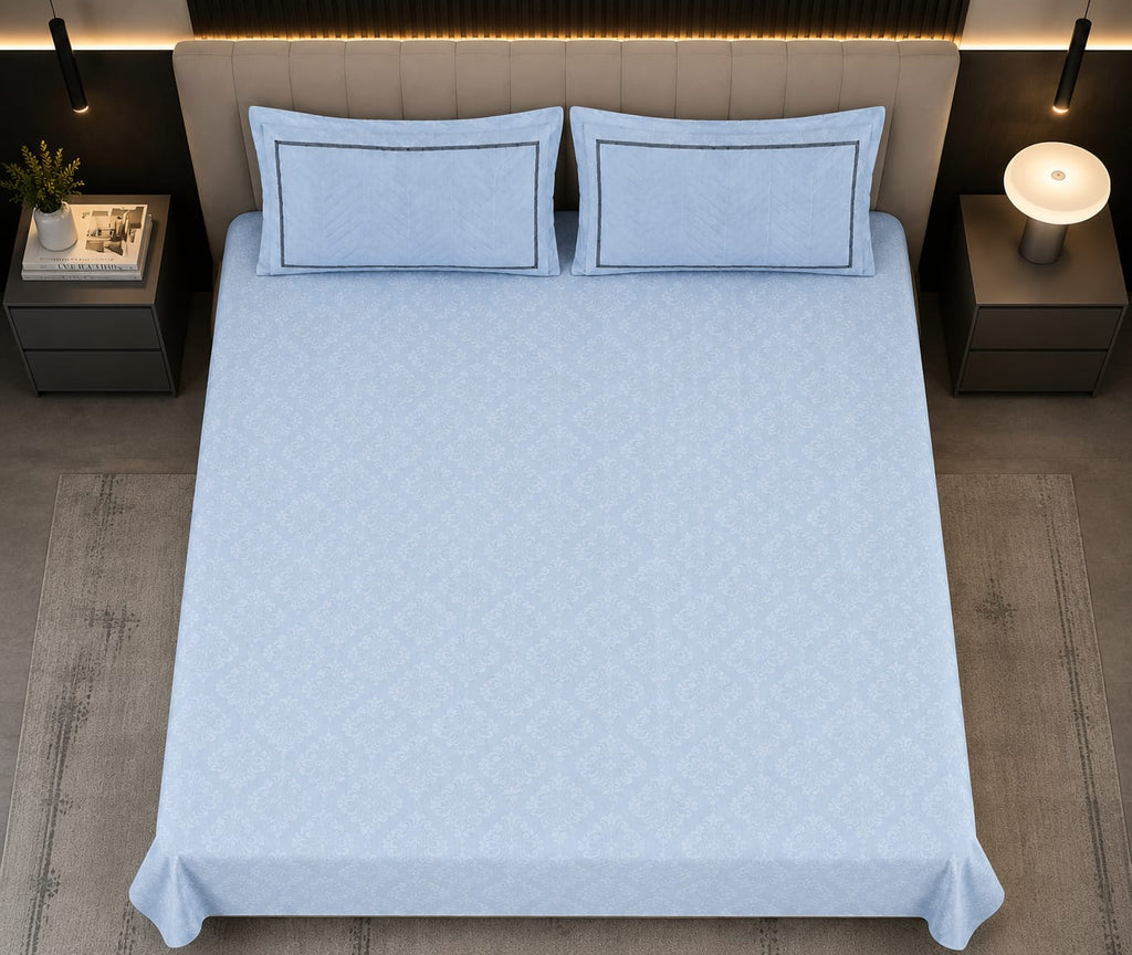 Embose -  Powder Blue Regal Damask Premium-100%Cotton Bedsheet Set with Quilted Pillow Covers