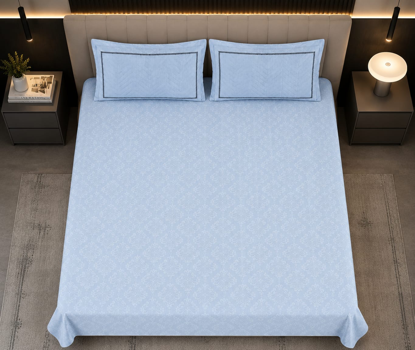 Embose -  Powder Blue Regal Damask Premium-100%Cotton Bedsheet Set with Quilted Pillow Covers