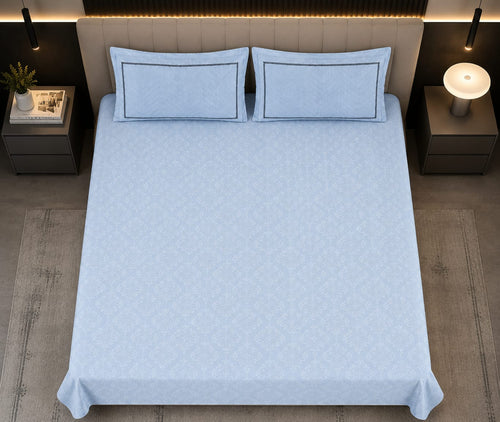 Embose -  Powder Blue Regal Damask Premium-100%Cotton Bedsheet Set with Quilted Pillow Covers