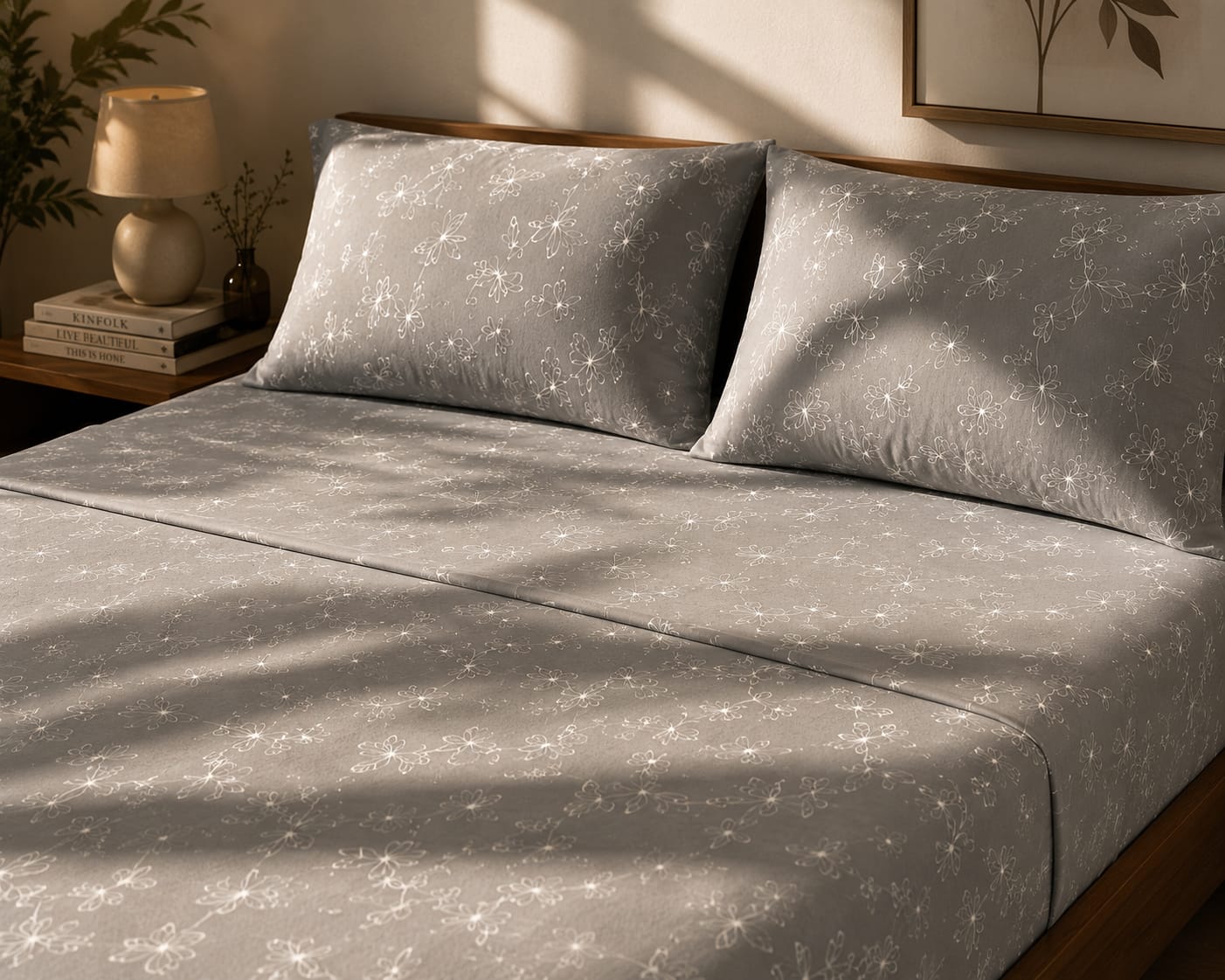 Spray - Moonstone Grey Floral Elegance premium Bedsheet Set -100% Cotton