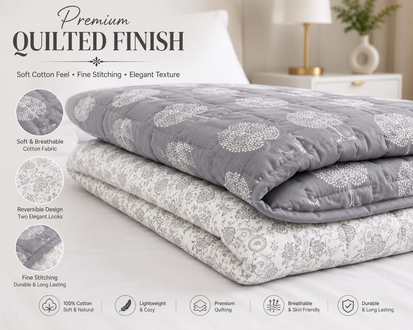 Nordic Tree Reversible Double Bed Dohar | Cotton Rich | All Season AC Quilt | Soft Quilted Grey & White Tree Print