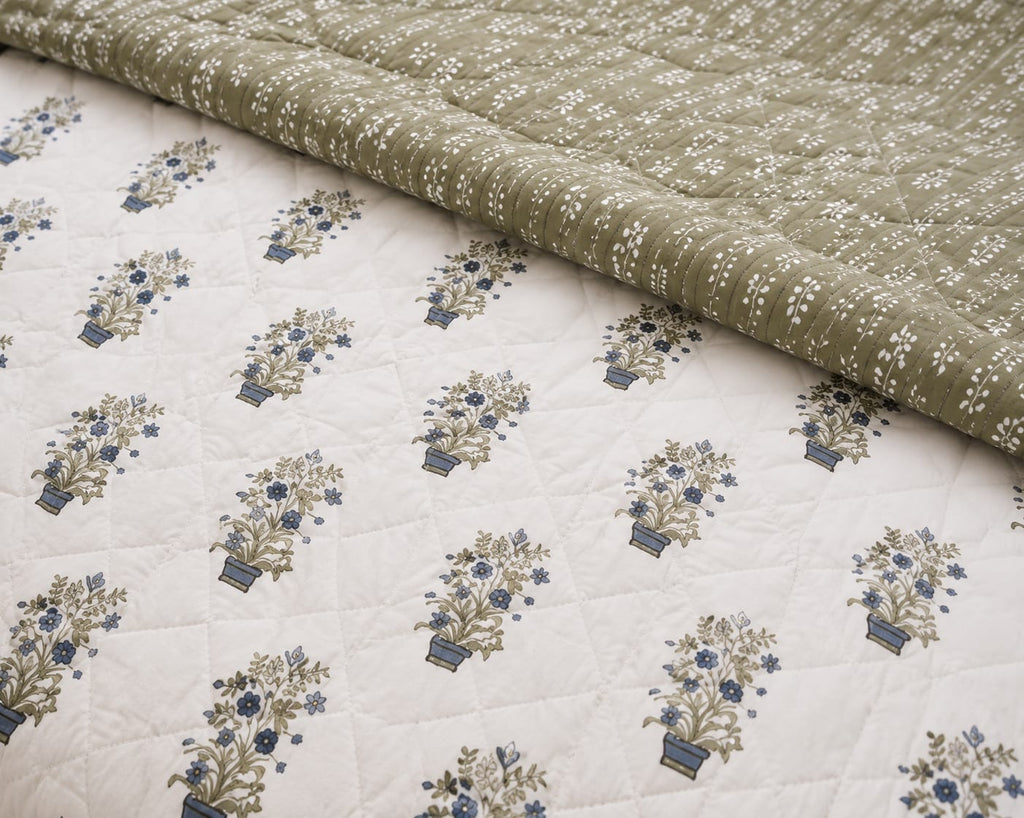 Ivory & Olive Floral Motifs Reversible Double Bed-100%Cotton AC Dohar